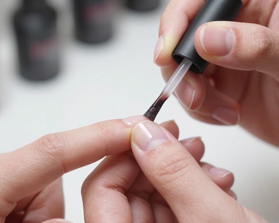 Hand applying clear base coat to short nails