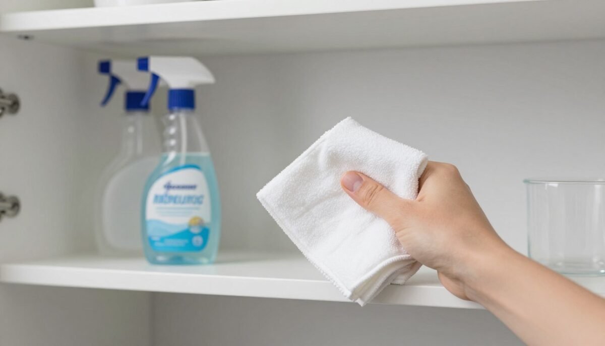 Hand cleaning bathroom shelf with microfiber cloth and spray bottle