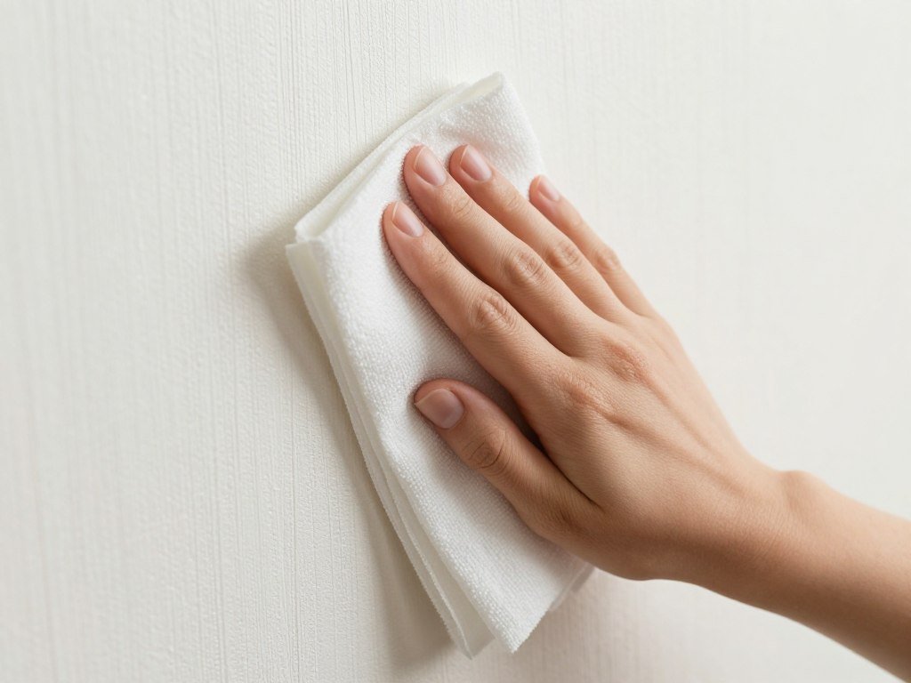 Hand gently cleaning wallpaper with damp cloth