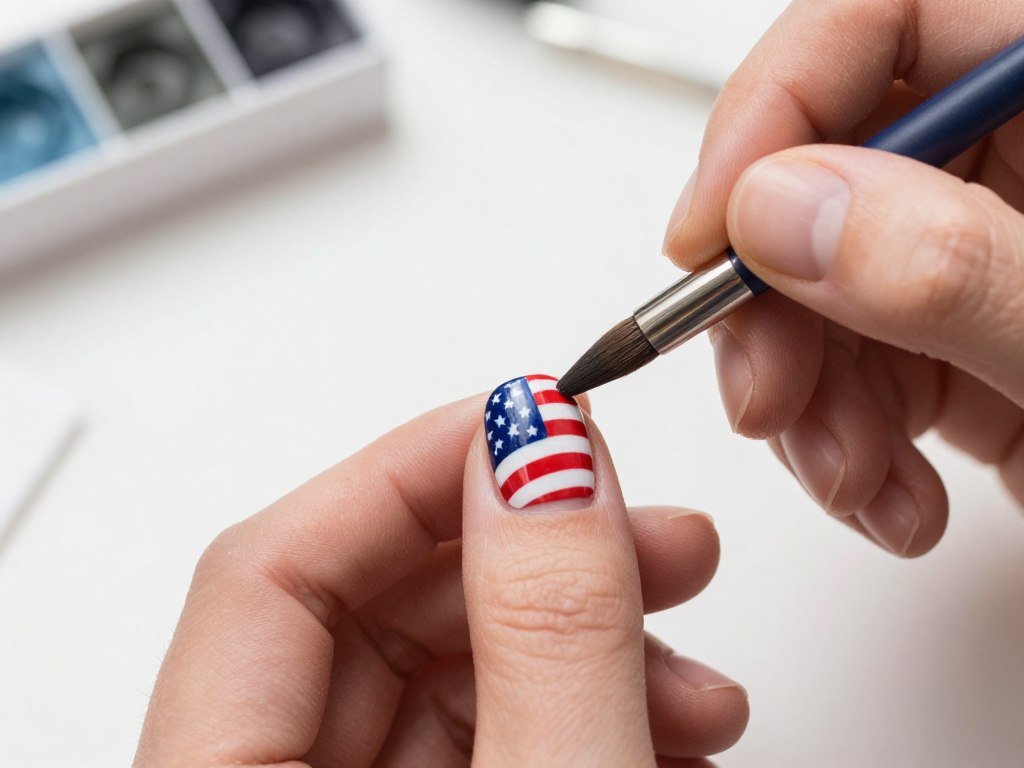 Hand painted detailed American flag gel nail designs showing advanced technique
