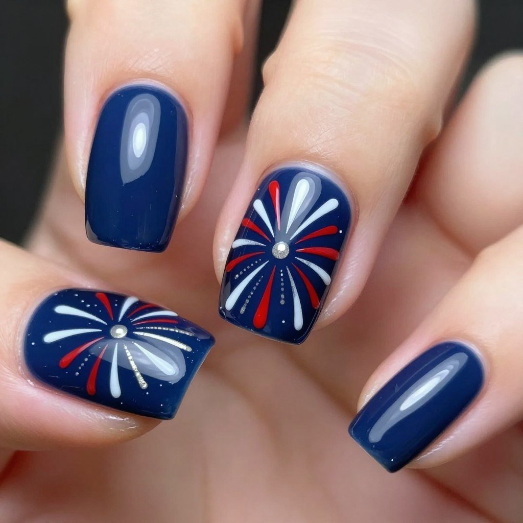 Hand-painted fireworks nail art with colorful bursts on navy background