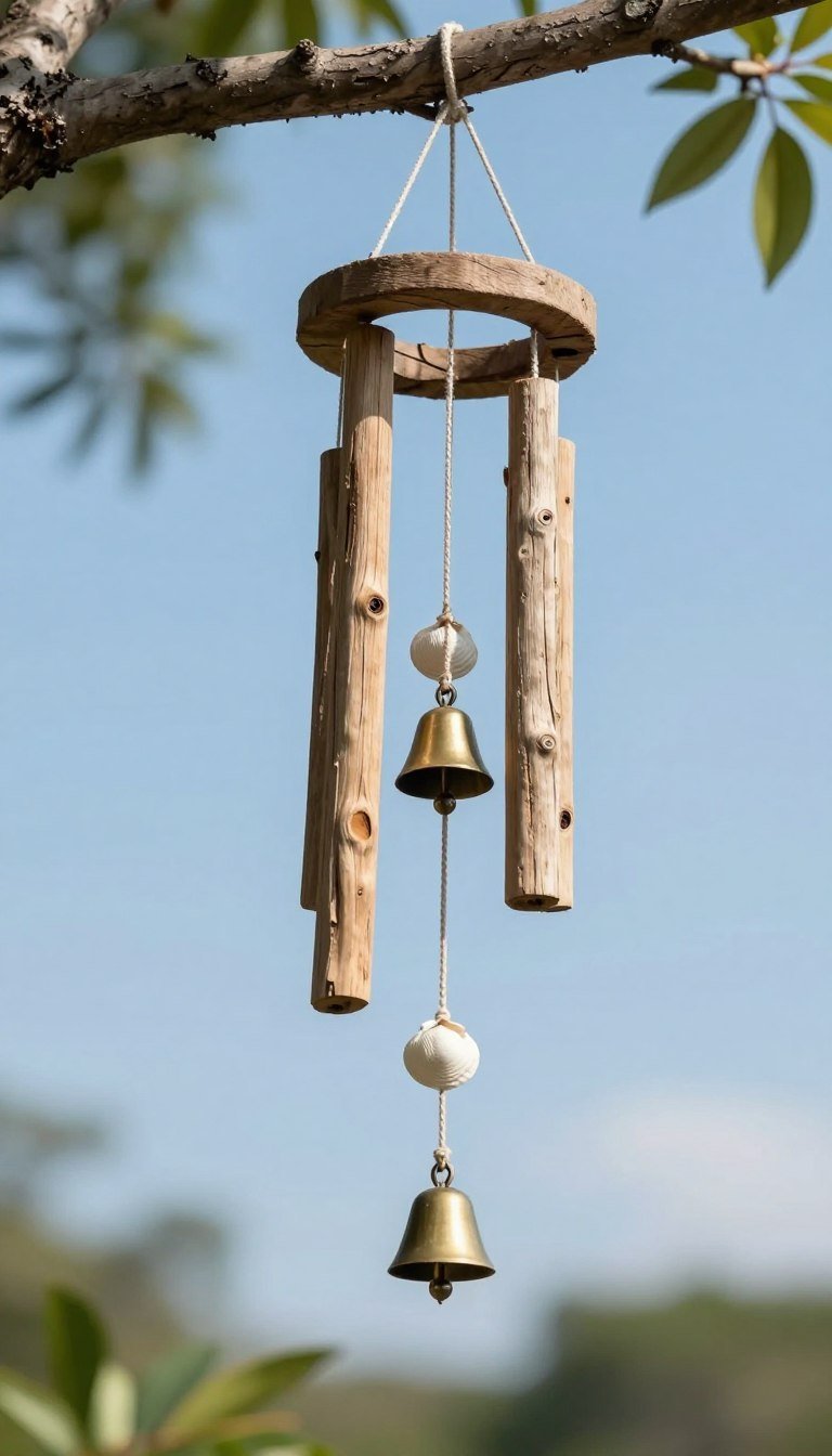 Handmade driftwood wind chimes hanging from tree branch with shells and bells