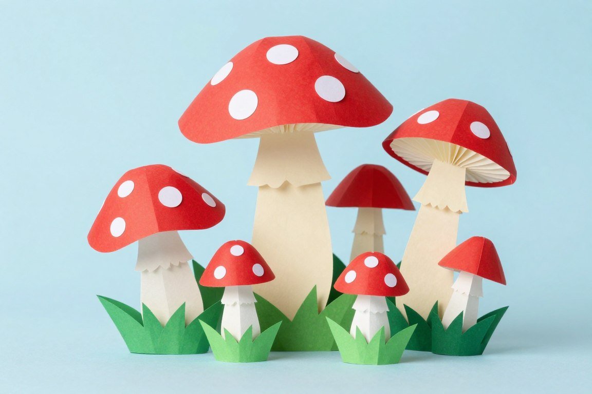 Handmade paper mushroom decorations in red and white polka dots
