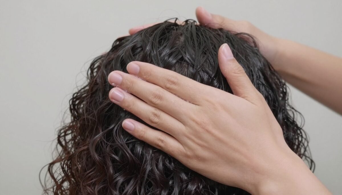 Hands demonstrating praying hands method on curly hair