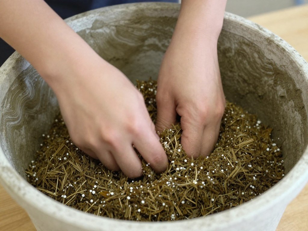 Hands mixing hypertufa concrete ingredients in a container