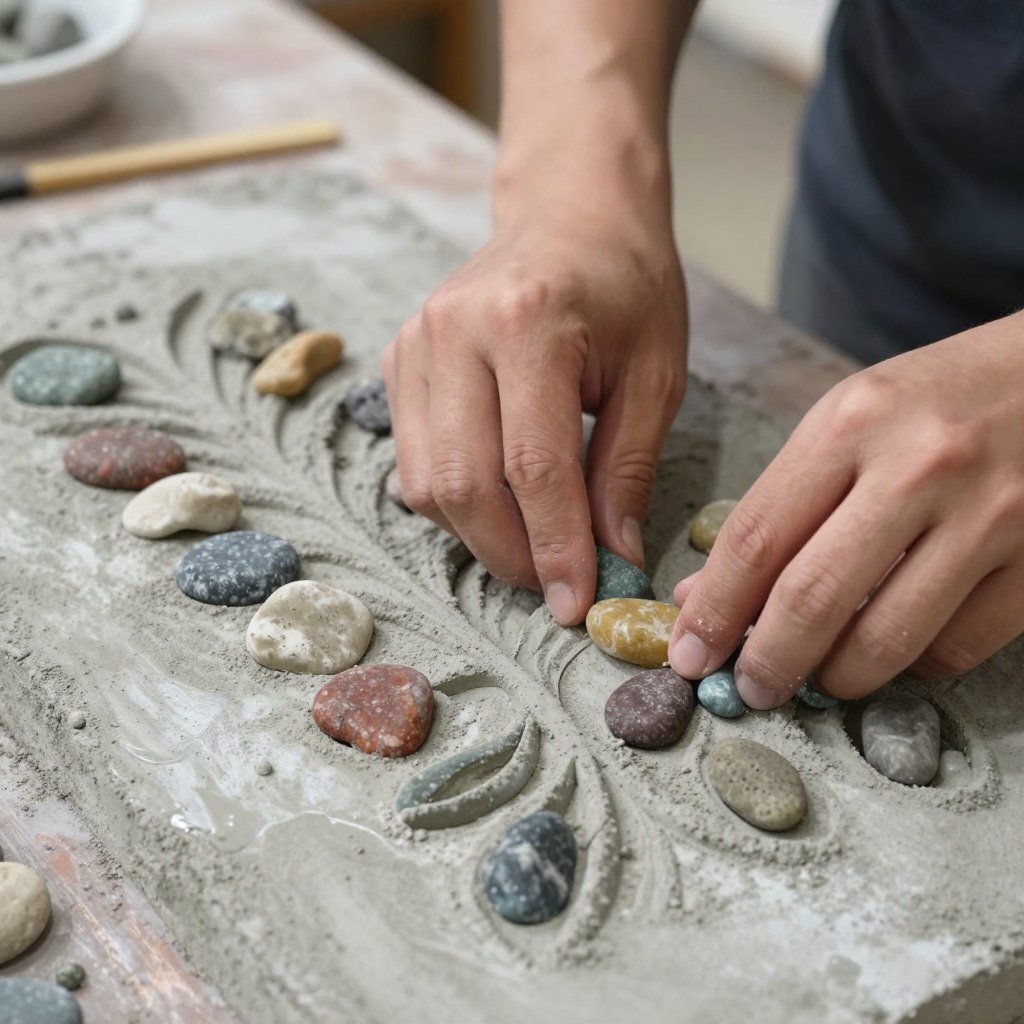 Hands pressing decorative stones into wet concrete surface