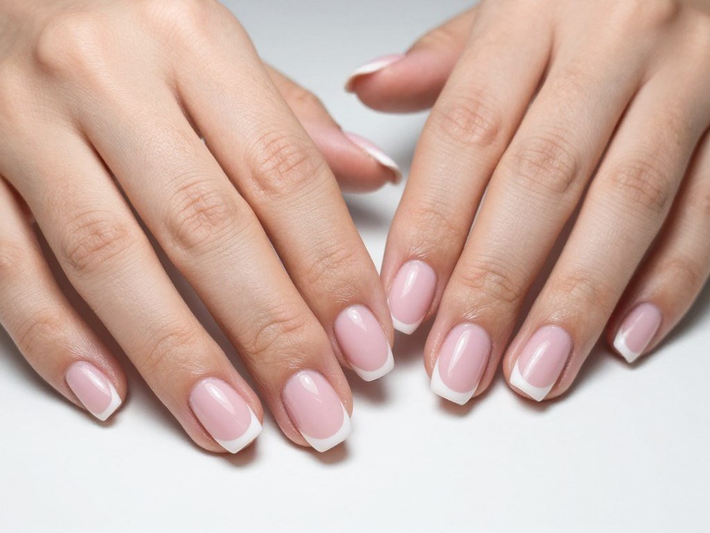 Hands with pastel pink french tip nails against white background