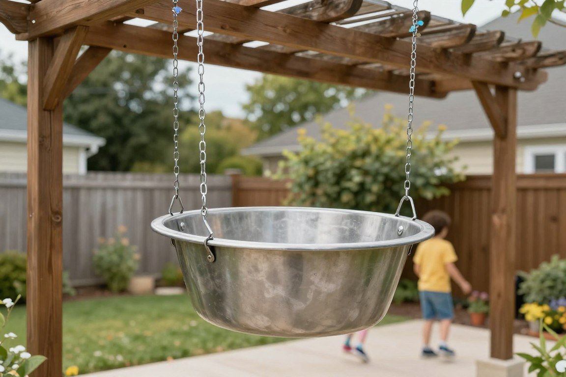 Hanging basin suspended from mud kitchen frame