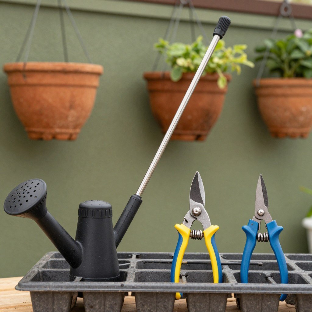 Hanging basket care tool kit with watering wand and pruning shears
