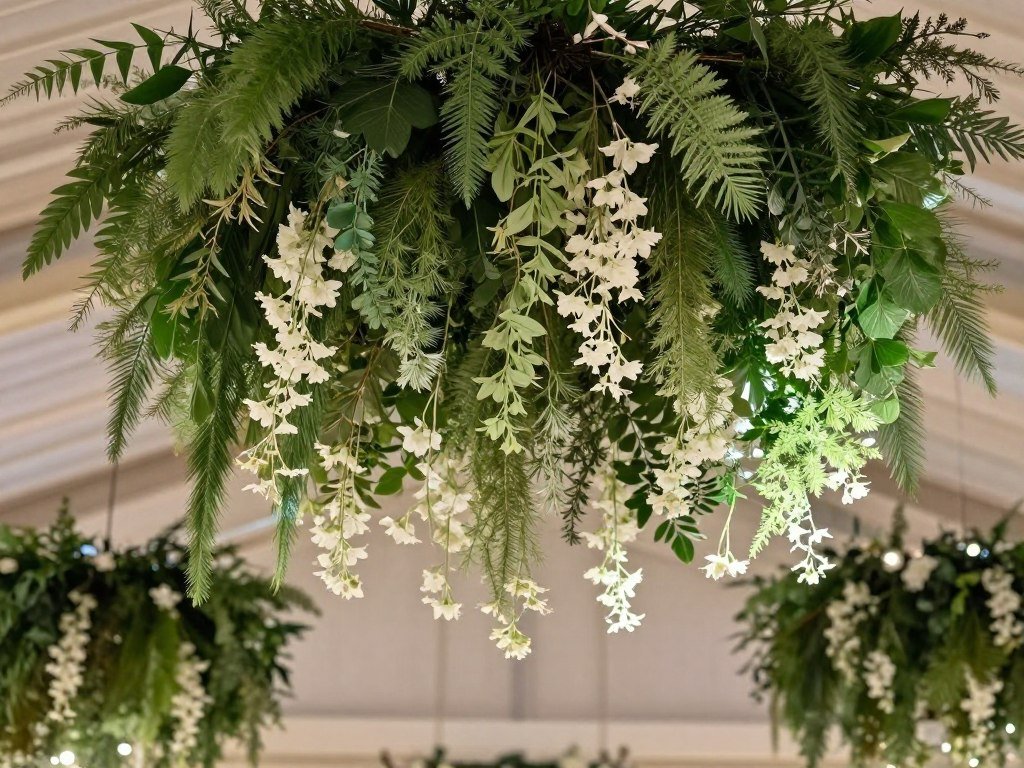 Hanging greenery installation for garden wedding