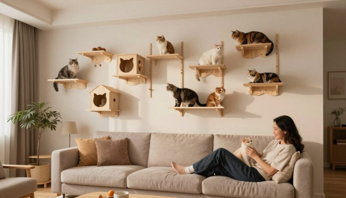 Happy cat family using complete wall shelf system in beautiful modern living room Happy cat family using complete wall shelf system in beautiful modern living room