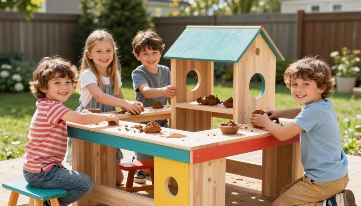Happy children playing at completed DIY mud kitchen in sunny backyard