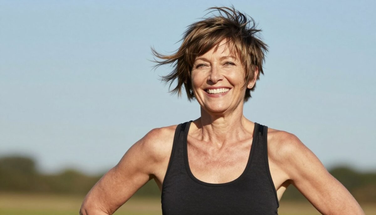 Happy confident woman over 60 with pixie haircut outdoors
