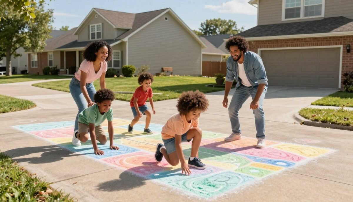 Happy family playing together on chalk obstacle course in driveway Happy family playing together on chalk obstacle course in driveway