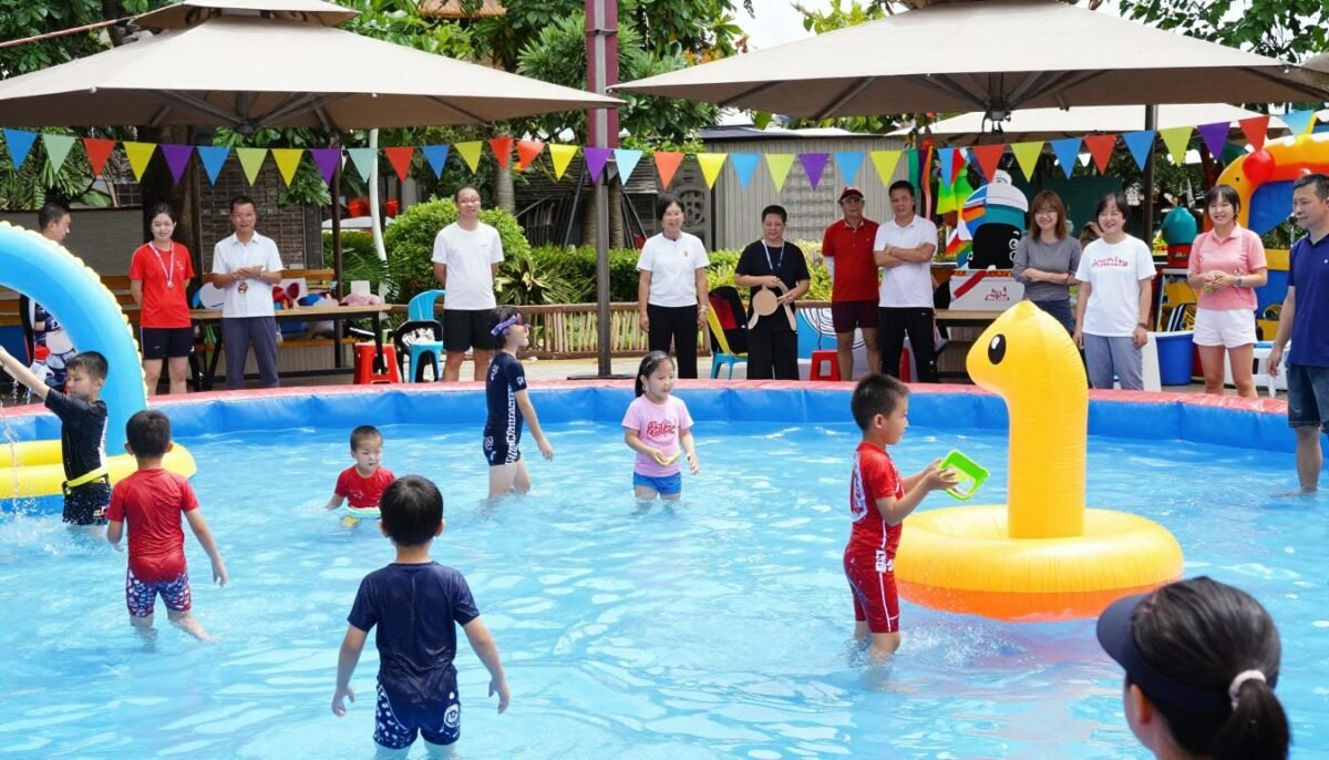 Happy kids enjoying water party games with parents supervising in backyard