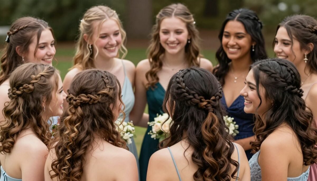Happy prom attendees with various beautiful hairstyles