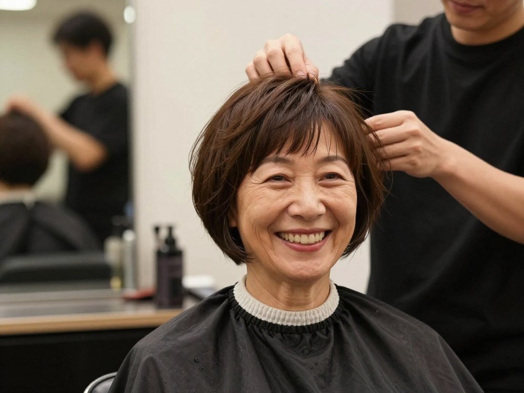 Happy woman after receiving perfect short haircut consultation