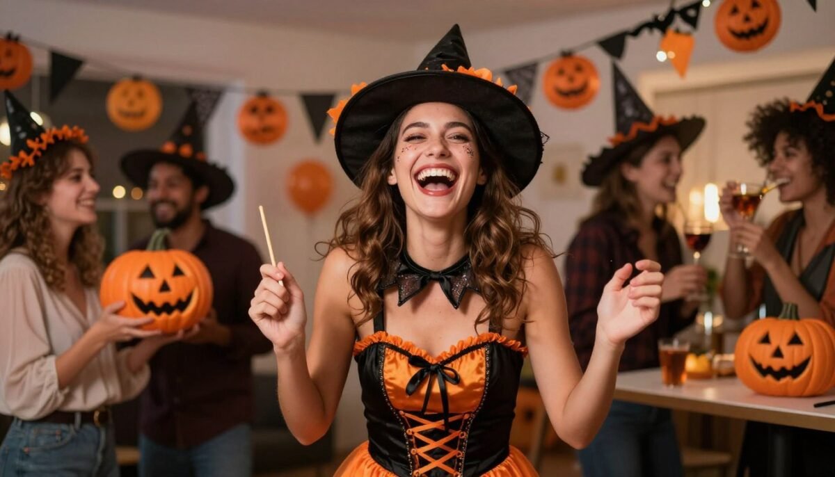 Happy woman in Halloween costume celebrating at party Happy woman in Halloween costume celebrating at party