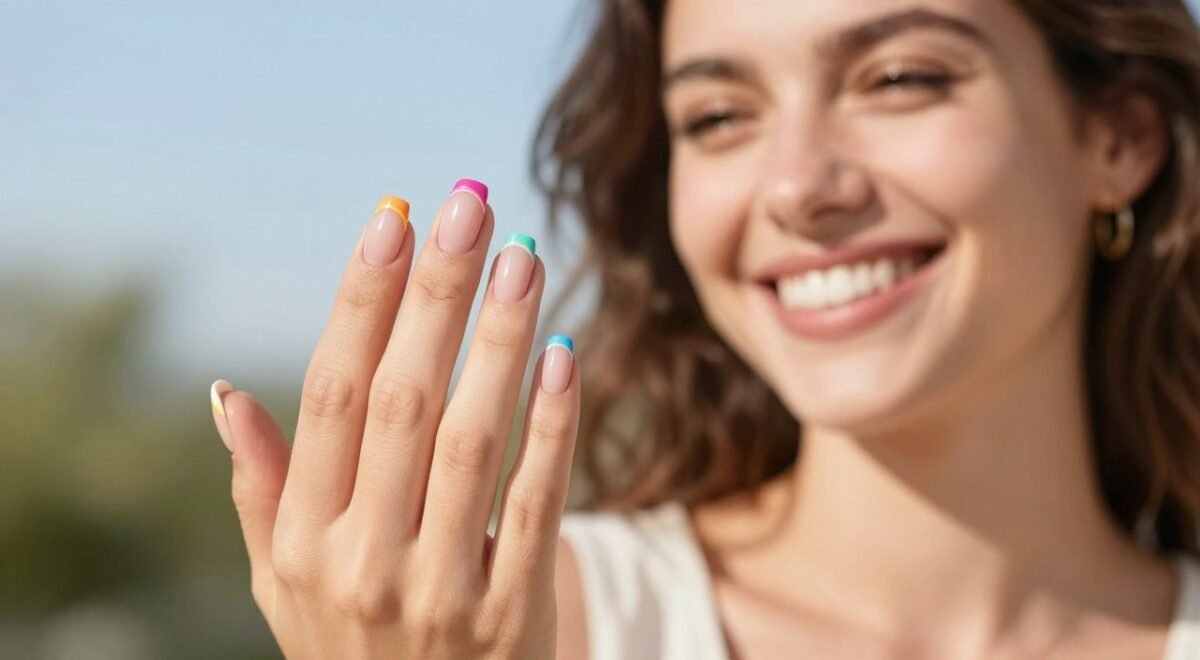 Happy woman showing off beautiful summer french tip nails