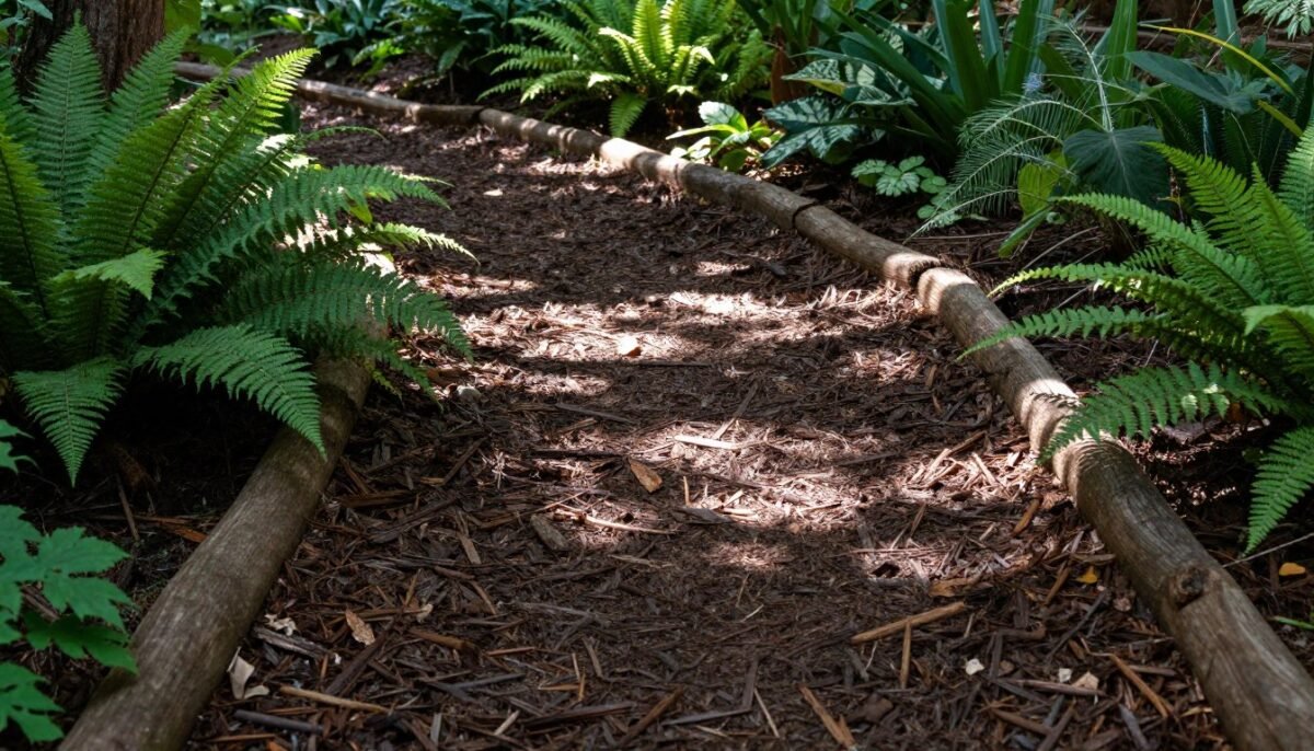 Hardwood mulch garden path with log borders Hardwood mulch garden path with log borders