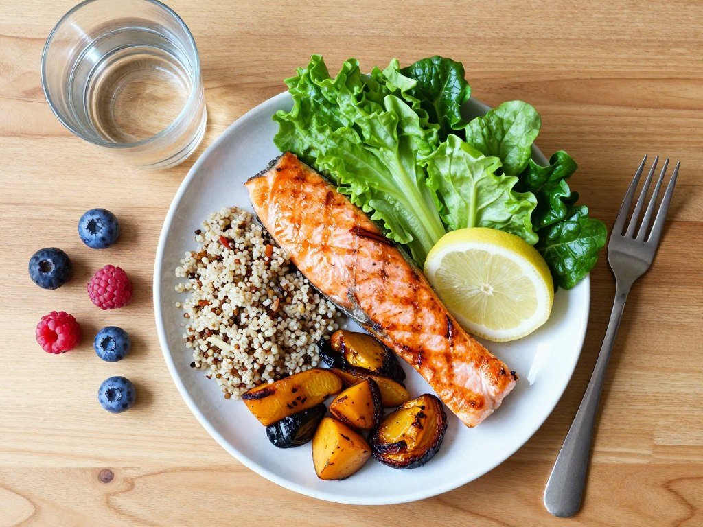 Healthy balanced meal with protein vegetables and whole grains on rustic table