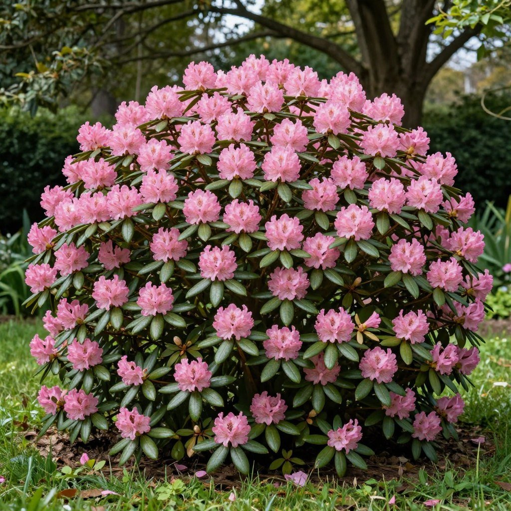 Healthy rhododendron shrub with vibrant flowers in shade garden