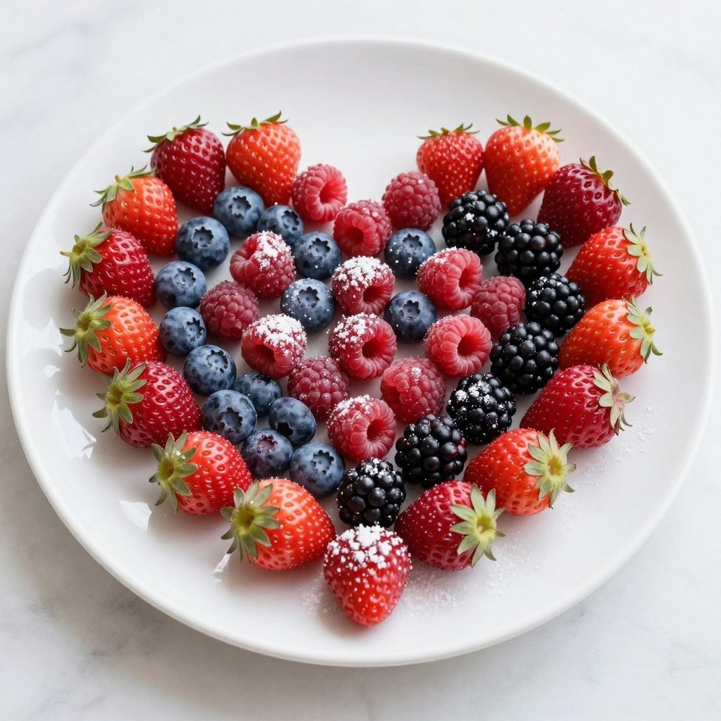 Heart-shaped fruit platter with berries and strawberries