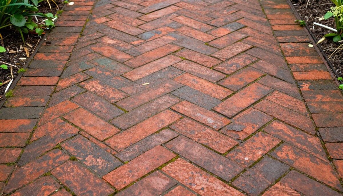 Herringbone pattern brick walkway with reclaimed materials Herringbone pattern brick walkway with reclaimed materials