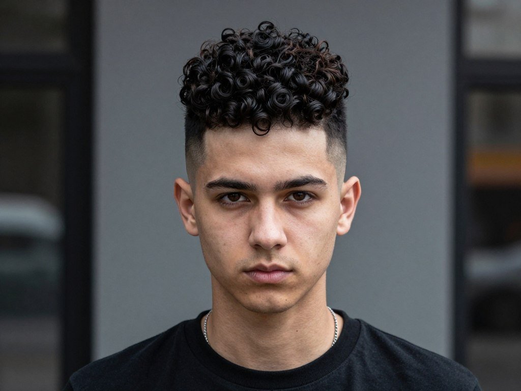 High top fade hairstyle with curly top section