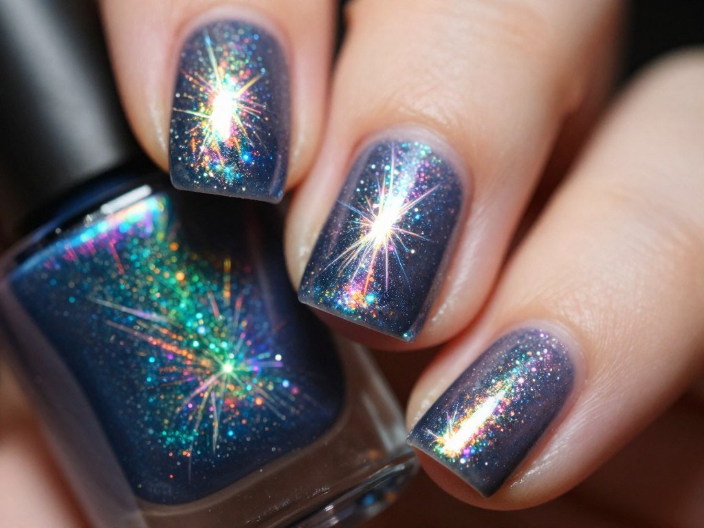Holographic glitter fireworks bursting across dark navy toe nail base