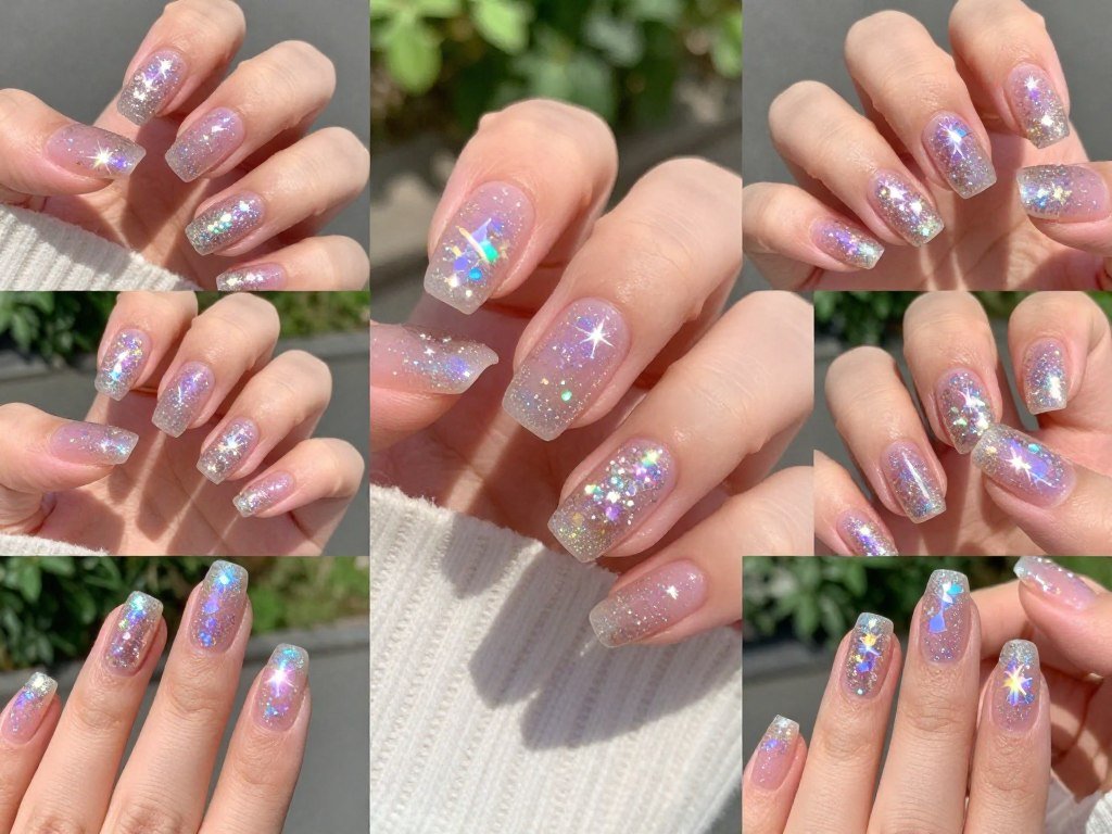 Holographic star glitter gel nail designs perfect for patriotic summer manicure