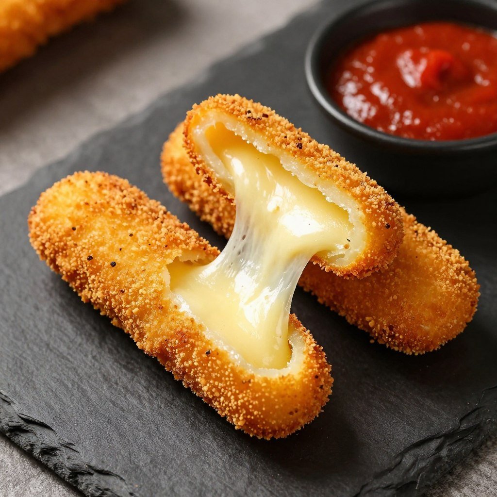 Homemade mozzarella sticks in air fryer ninja with melted cheese center and crispy coating