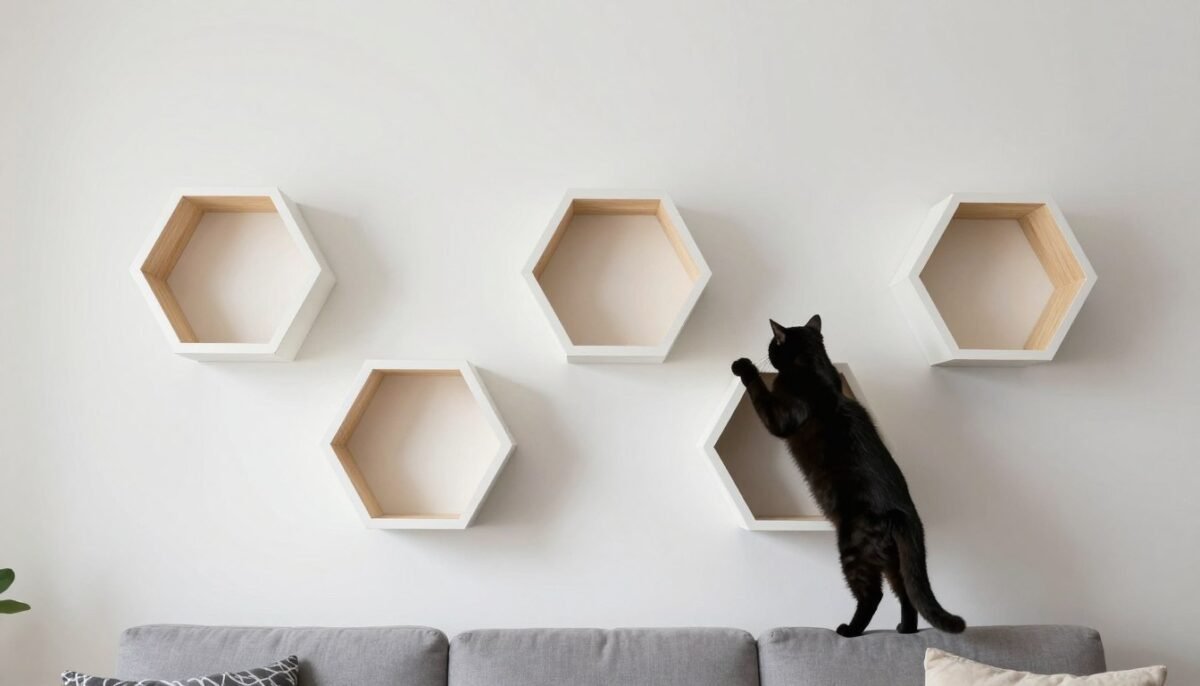 Honeycomb pattern of connected hexagonal cat wall shelves on living room wall Honeycomb pattern of connected hexagonal cat wall shelves on living room wall