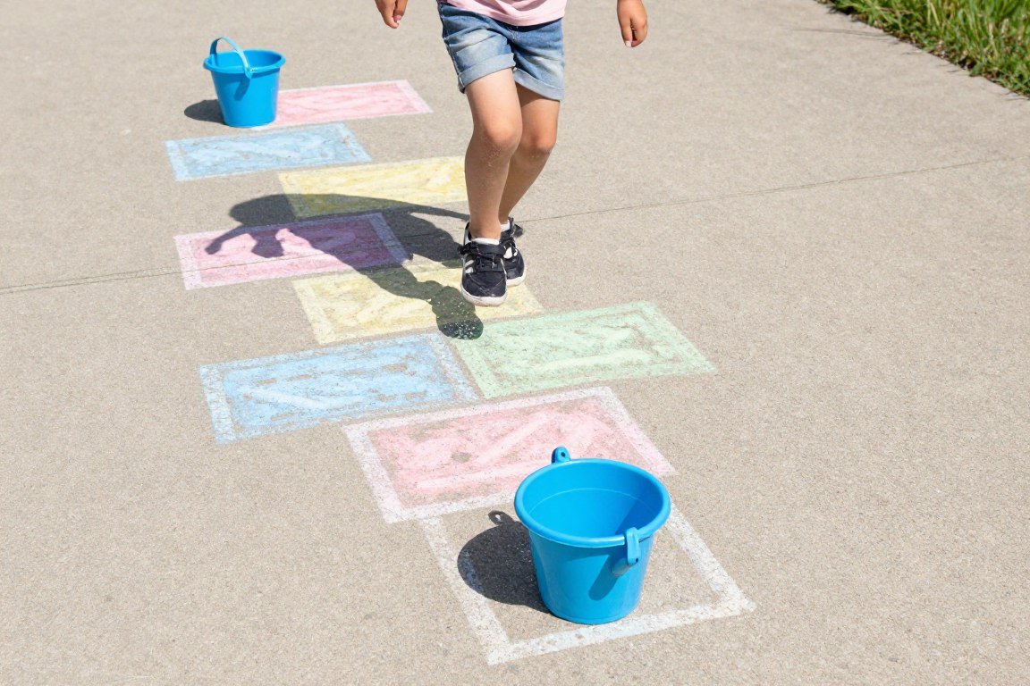 Hopscotch grid with water buckets in squares for splash game