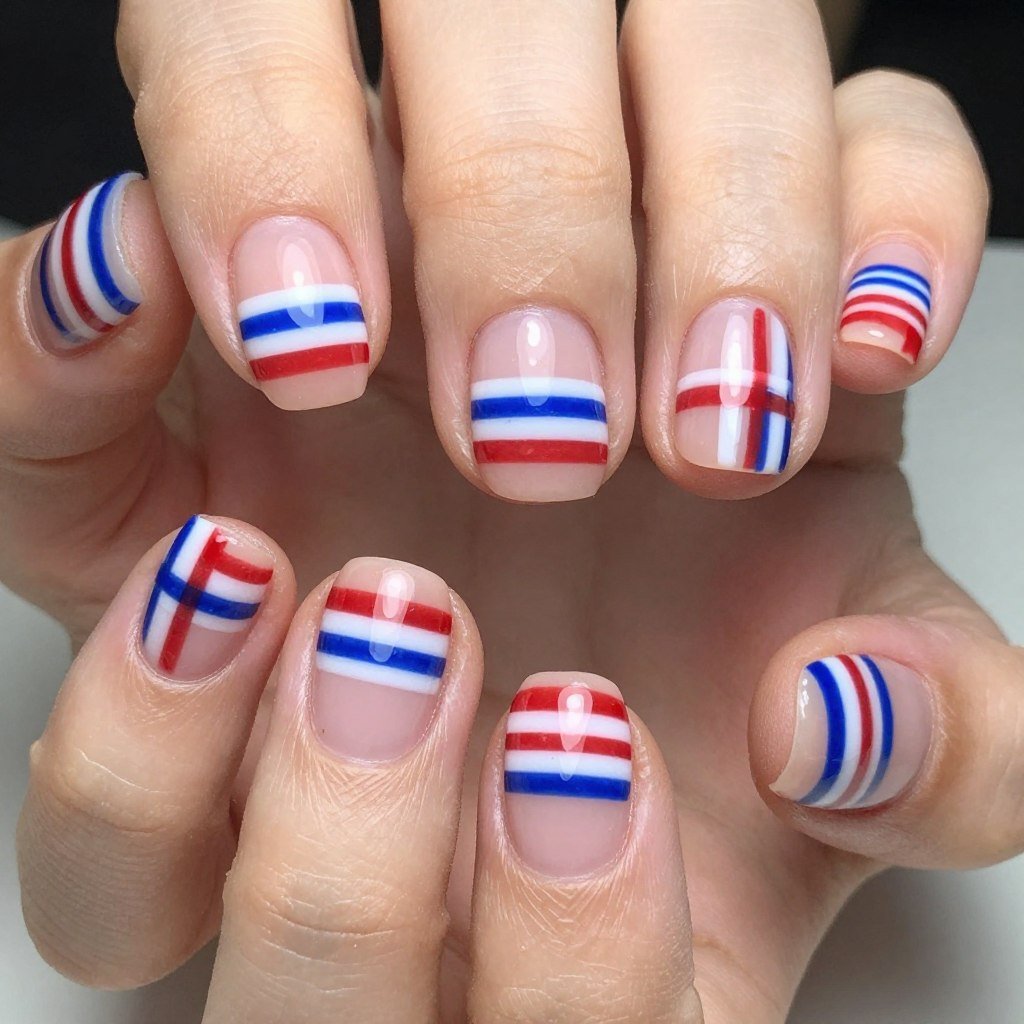 Horizontal striped nail design perfect for short nails in patriotic colors