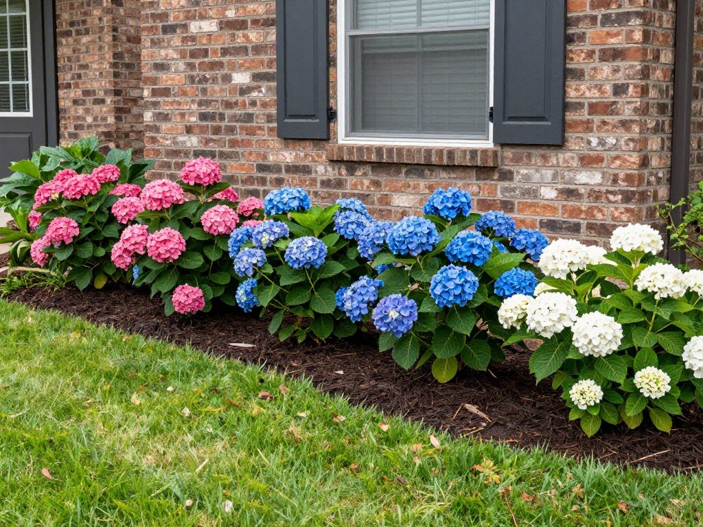 Hydrangeas planted along house foundation with mixed colors
