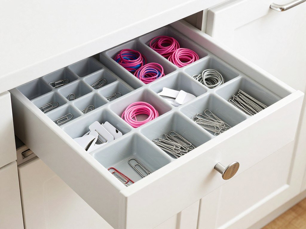 Ice cube trays organizing small items in kitchen drawer