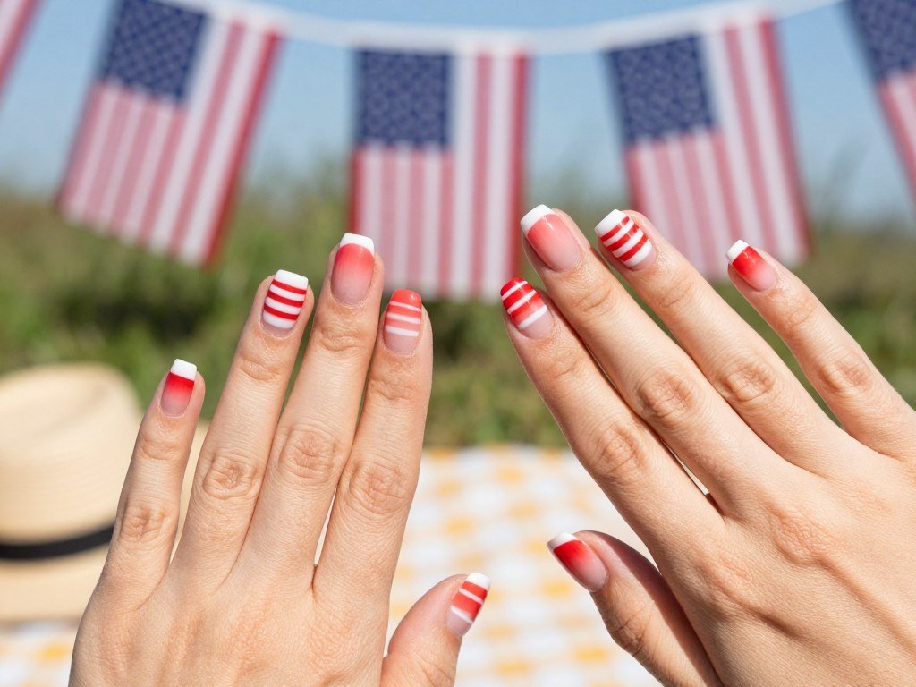 Independence Day gel nail designs with red and white horizontal stripe gradient pattern