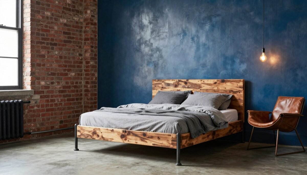 Industrial bedroom with steel blue walls and reclaimed wood bed Industrial bedroom with steel blue walls and reclaimed wood bed