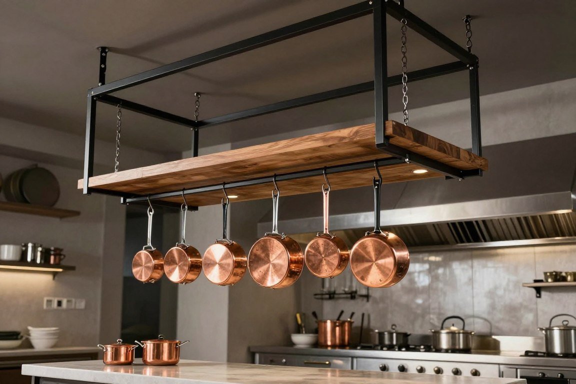 Industrial ceiling-mounted hanging shelf with pots and pans suspended above kitchen island