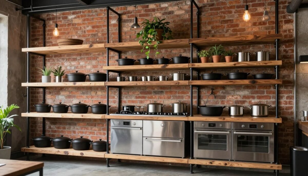 Industrial kitchen shelving with black metal pipes and wooden shelves displaying cookware and plants