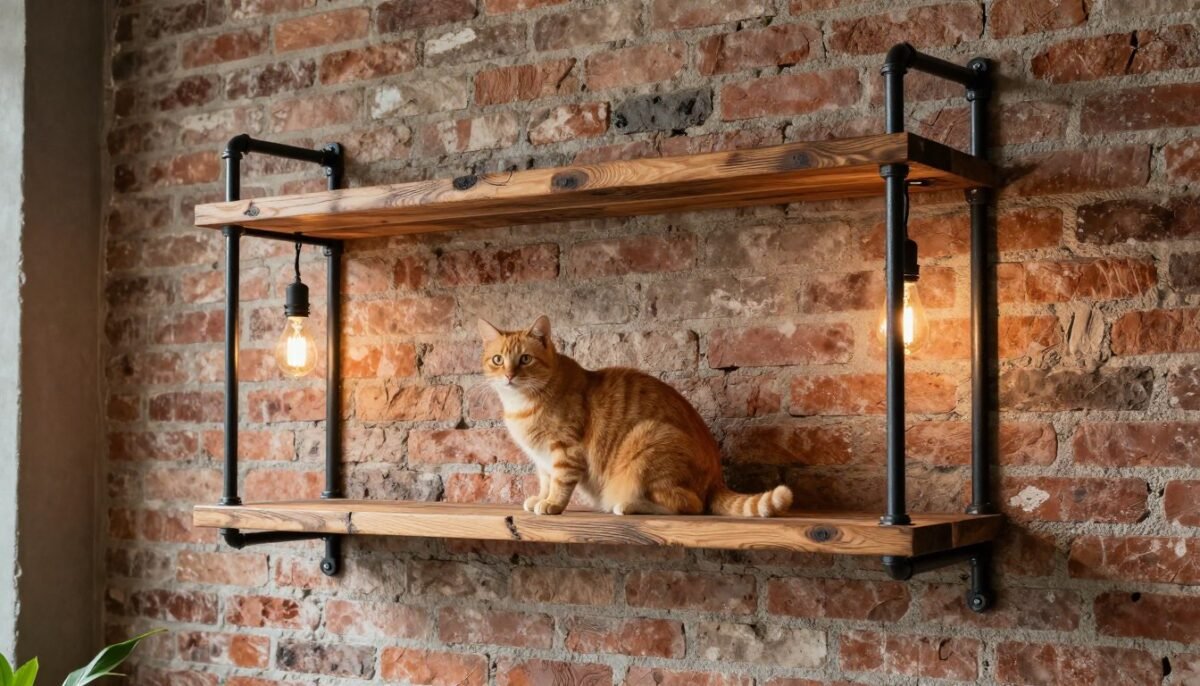 Industrial pipe and wood cat wall shelf system on brick wall Industrial pipe and wood cat wall shelf system on brick wall