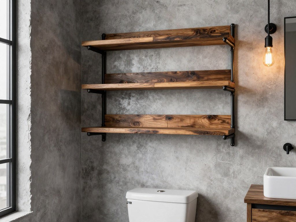 Industrial pipe shelving unit above toilet with reclaimed wood