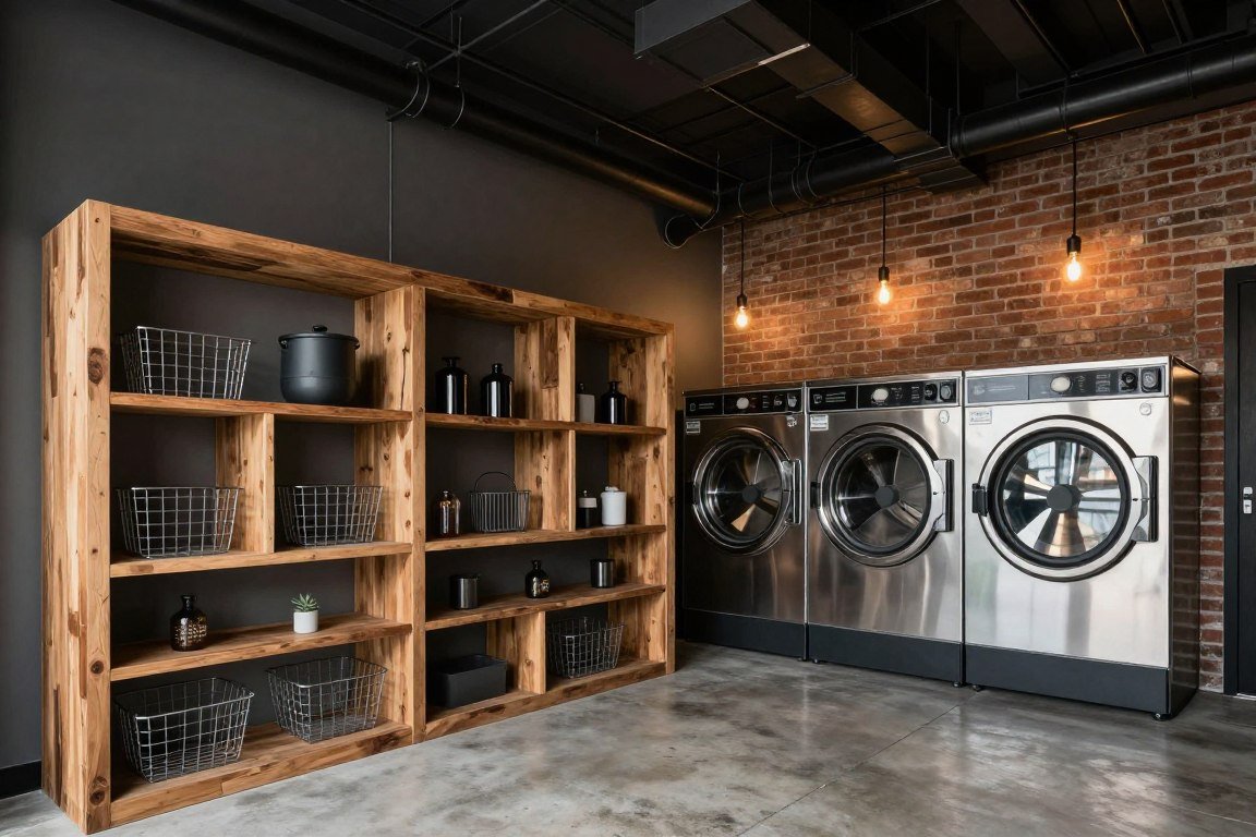Industrial style laundry room space with open shelves and exposed elements