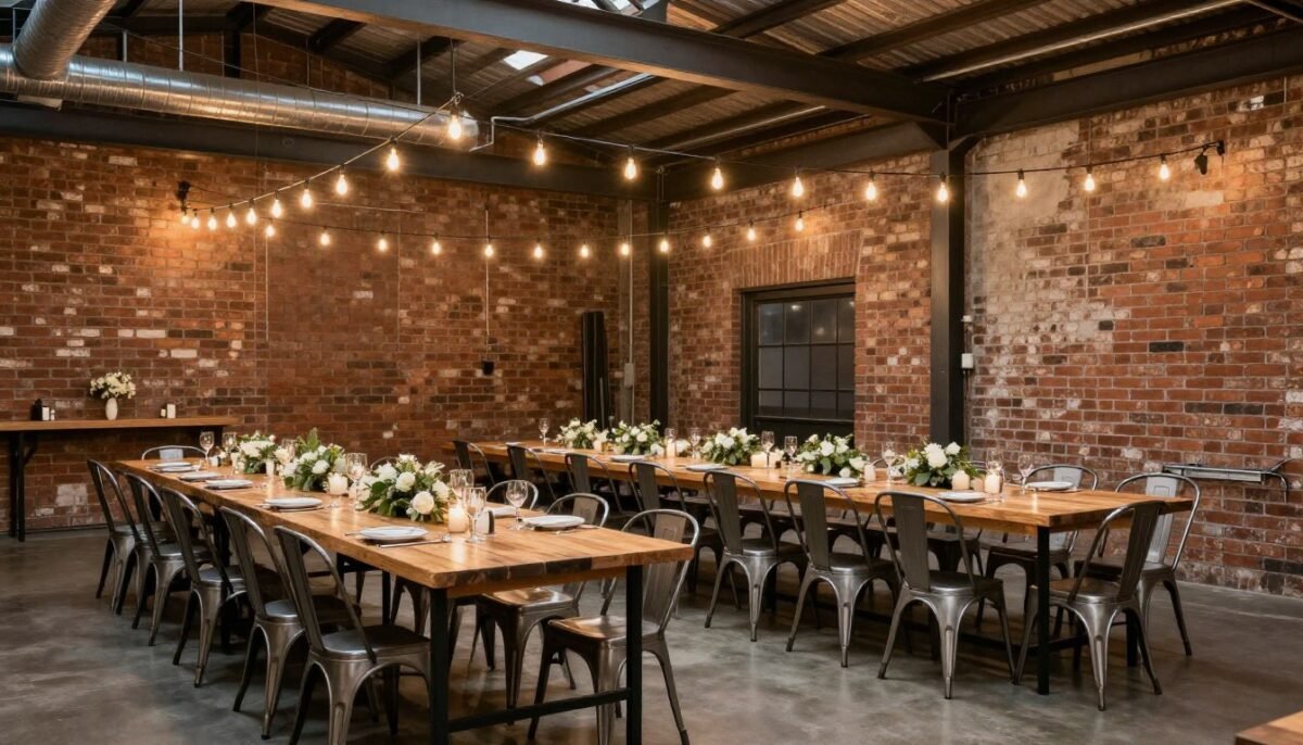 Industrial wedding reception in warehouse venue