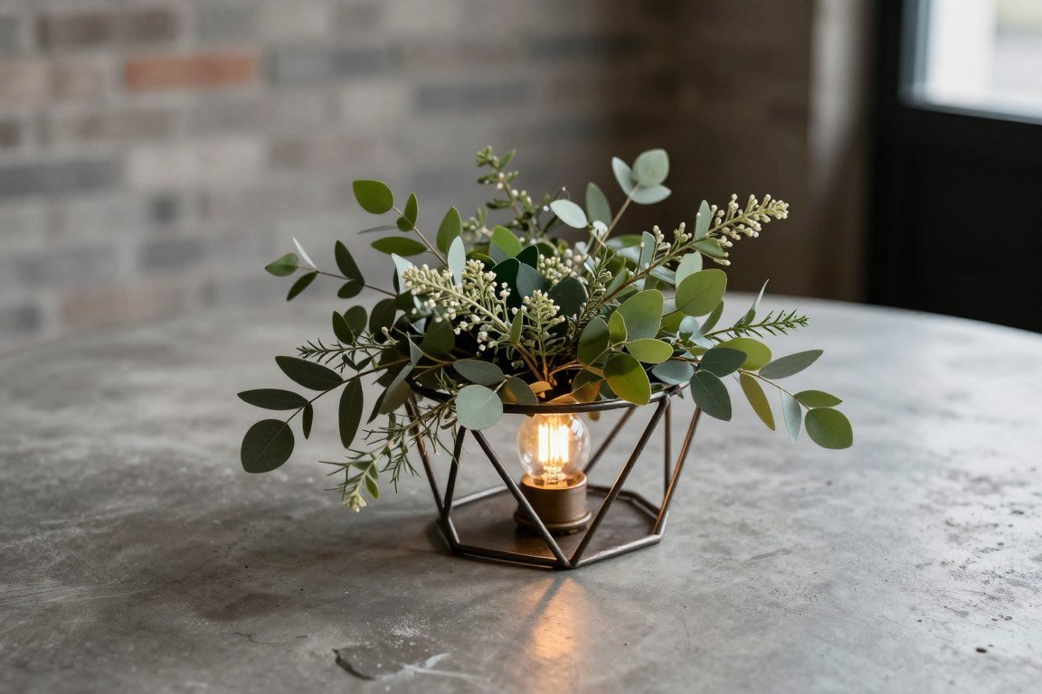 Industrial wedding table centerpiece with metal and greenery