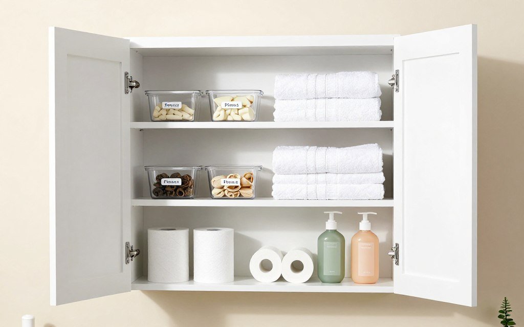 Interior of bathroom storage cabinet showing organized shelves