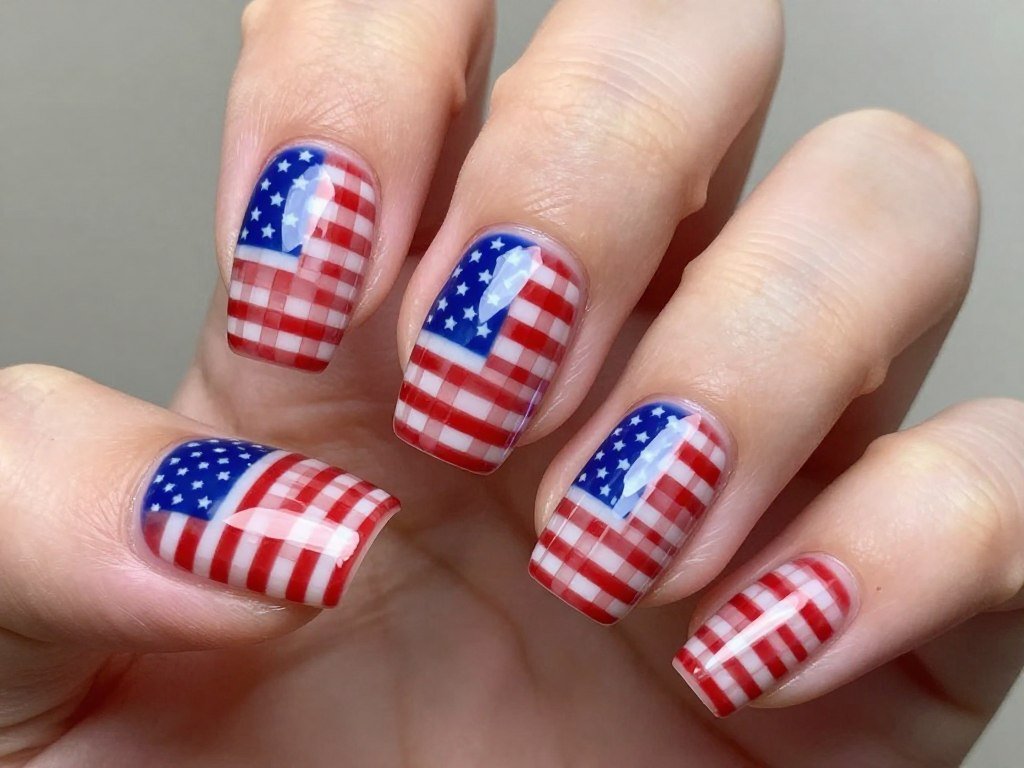 Intricate 4th of July gel nail designs featuring mosaic pattern of small red white and blue squares