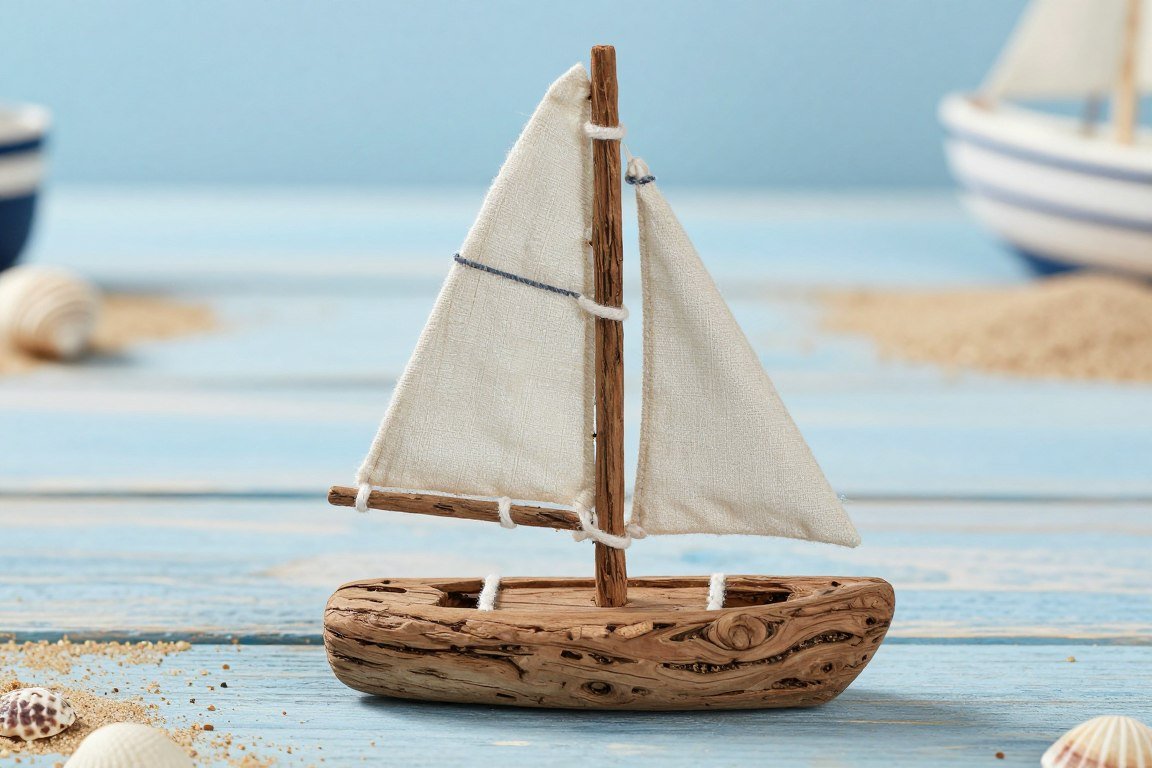 Intricate driftwood sailboat craft with fabric sail made by children
