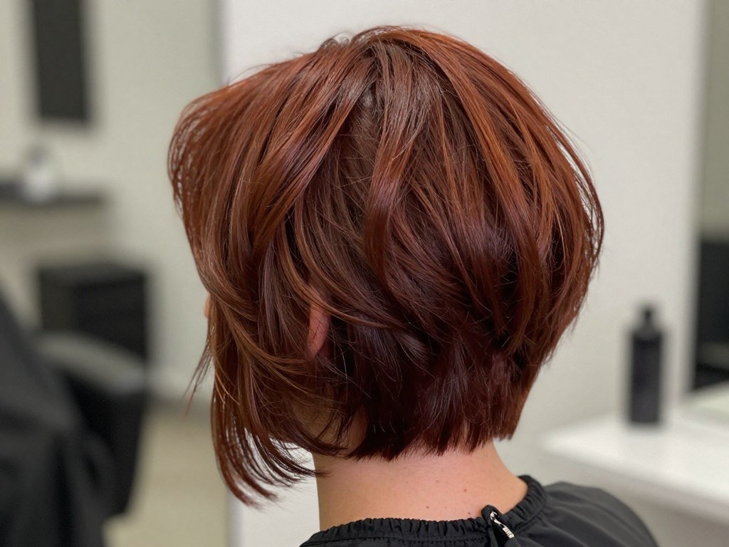 Inverted curly bob shorter in back, stacked layers
